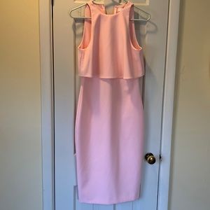 Likely dress, sweet pink, calf length, stunning silhouette.